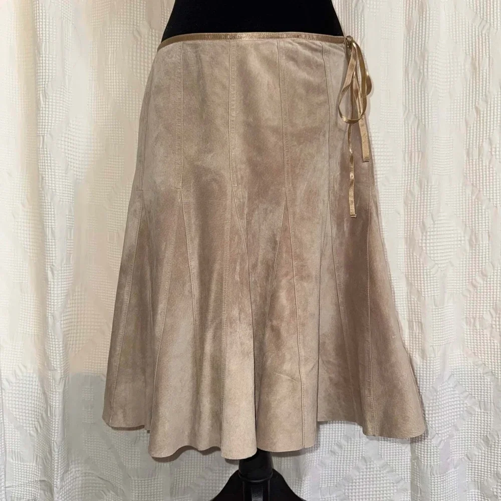 Context Suede Leather Paneled Skirt Tan Boho Western Academia Neutral Size 10